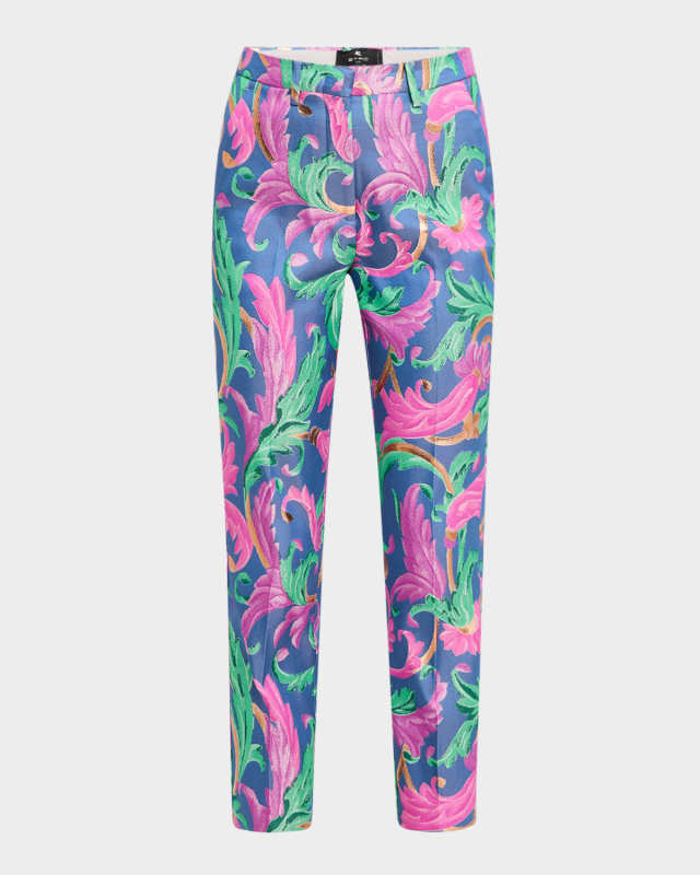 Floral Metallic Jacquard Slim-Leg Crop Trousers